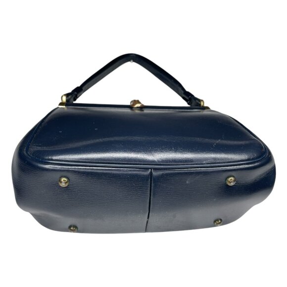 Vintag Leather Handbag Goldtone Hardware Clamshell Closure Navy Blue - Picture 3 of 8